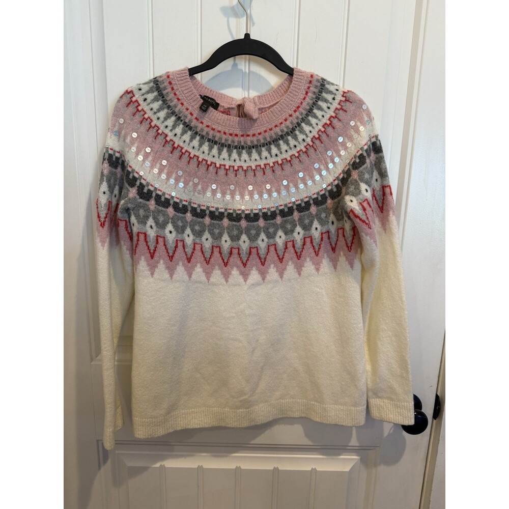 Talbots XS Fair Isle Sequin Sweater Pink Ivory Gray Red Back Tie Holiday